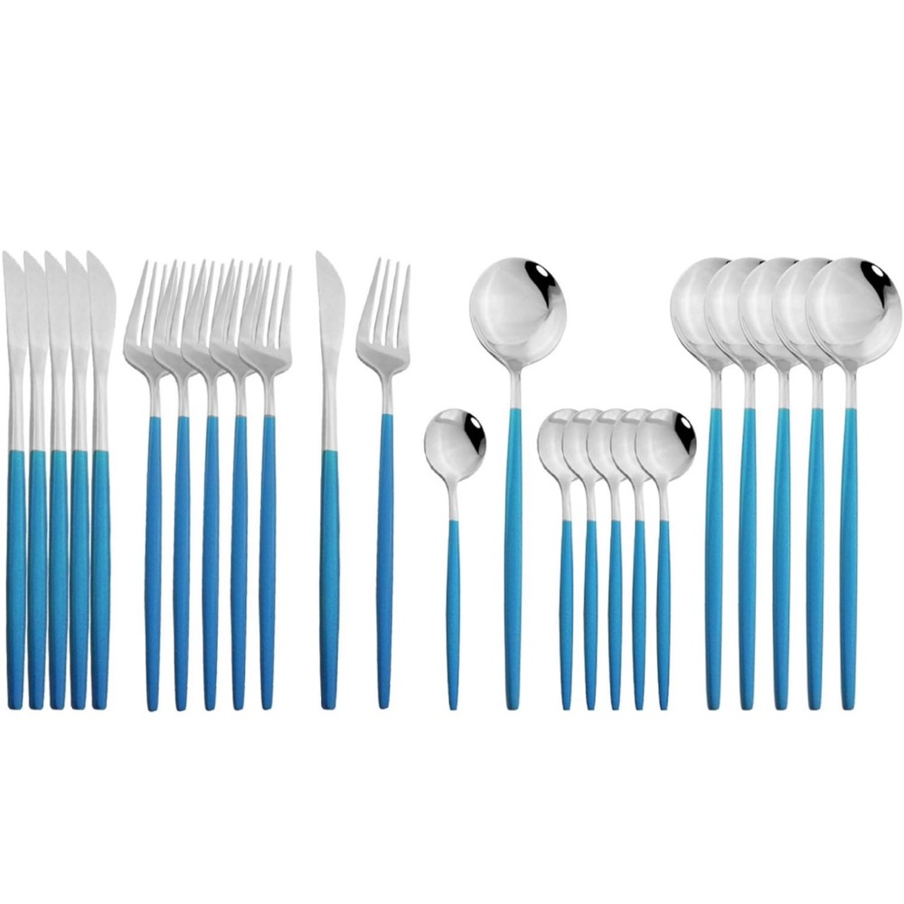 JASHII Flatware Serving Set 24 Piece, Stainless Steel Silverware Set, Blue